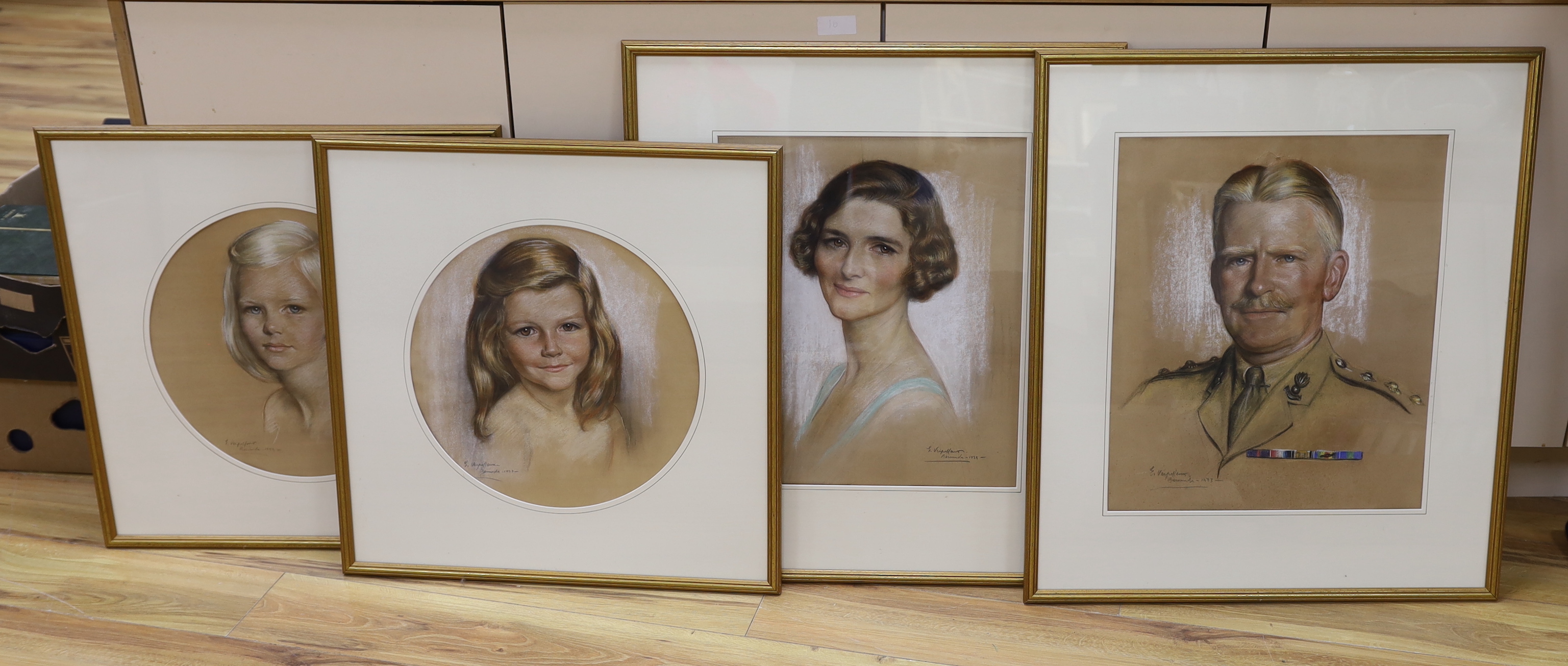 Émile Antoine Verpilleux M.B.E. (1888-1964), set of four heightened pastels, Family portraits including a gentleman wearing military dress, signed and inscribed Bermuda 1933, largest 52 x 43cm